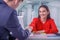 Business, new job, interview the job and hiring concept. Job applicant greets and makes handshake with new male employee