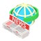 Business news icon isometric vector. Arrow around globe grid and newspaper stack