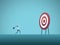 Business objective and strategy vector concept. Businesswoman throwing dart at target. Symbol of business goals, aims