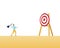 Business objective and strategy vector concept. Businesswoman throwing dart at target. Symbol of business goals, aims, mission,