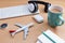 business objects on office desk with airplane model,business travel and tour concept.