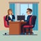 Business office conversation. Sitting businessman consultant and woman meet to interview talking work vector concept