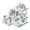 Business office isometric. Corporate building interior and exterior creativity group of freelancers and managers working