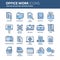 Business and office work. Documents, paperwork. Businessman. Thin line blue web icon set. Outline icons collection