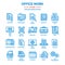 Business and office work. Documents, paperwork. Businessman. Thin line blue web icon set. Outline icons collection