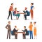 Business Partner Sitting at Table Face to Face Engaged in Negotiation Vector Set