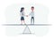Business partners shaking hands as a symbol of unity. Businessman and businesswoman standing on seesaw.