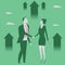 Business partnership concept vector illustration. Businessman and woman shaking hands. Reaching goal. Growth to success