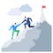 Business people climbing to mountain leader helping colleague reaching goal vector graphic