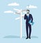 Business people concepts. Businessman standing at a crossroad and looking directional signs arrows. vector illustration