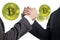 Business people gripping hands with gold bitcoin on isolated