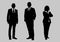 Business people group silhouettes pose on grey color background, flat line vector and illustration.