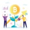 Business people, growing money tree. Investment strategies, businessman invests in bitcoin. Cryptocurrency market, blockchain