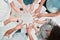 Business people, hands and peace in support above for trust, unity or teamwork for company goals at the office. Hand of