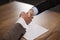 business people handshake over wooden table. businessmen agreement and partnership concept.