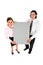 Business people holding blank poster board