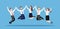 Business people jump together, holding hands. Illustration of a team of happy workers on a blue background.