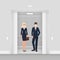 Business people in masks from covid 19 in elevator flat cartoon vector illustration concept