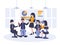 Business people in meeting room. Businessman presentation of the project in workplace. Flat design elements. Vector illustration.