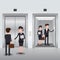 Business people in office building elevator, realistic chrome opened and closed doors.