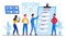 Business people planning flat vector illustration, cartoon tiny businessman manager character team standing next to big