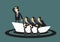 Business people rowing on a boat leaning by a leader. Concept of