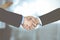 Business people shaking hands at meeting or negotiation, close-up. Group of unknown businessmen and a woman standing in