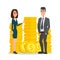 Business people stand near a pile of coins concept