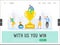 Business people success concept, leadership, achievement landing page template. Businessman character with prize, winning trophy