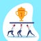Business people team carry golden trophy cup first place winner concept successful teamwork businessman cartoon