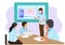 Business, people and teamwork concept - group of smiling businesspeople meeting on presentation in office. Flat style cartoon