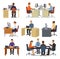 Business people vector professional workers sitting at table with laptop or computer in office illustration set of