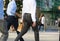 Business people walking on the Canary Wharf square. London, UK