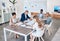 Business people working on documents and laptop at a office boardroom table. Group of professional, diversity and