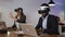 Business people working with futuristic virtual reality glasses in modern coworking creative space