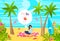 Business people working on tropical beach flat vector illustration, cartoon businesswoman freelancer character has