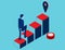 Business person in going upstairs by column chart with goal. Career growth isometric
