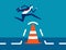 Business person jump pass traffic pylon roadblock. Overcome business obstacle
