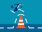 Business person jump pass traffic pylon roadblock. Overcome business obstacle