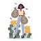 Business person with money. Happy successfull woman with a bag