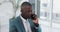 Business, phone call and black man with conversation, communication and mobile user with employee. African person