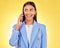 Business, phone call or woman with conversation, connection or model on yellow studio background. Network, person or