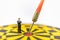 Business, Planning, Target and Goal Concept. Close up of businessman miniature figure standing and looking to dart stab on center