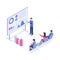 Business presentation isometric color illustration. Market analyst, boss, office workers 3d cartoon characters