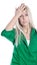 Business pressure: frustrated pretty young blond woman in green