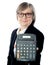 Business professional showing calculator to camera