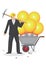 Business professional with a wheelbarrow of huge light bulbs. Vector cartoon illustration on metaphor for someone full of ideas