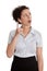 Business question - woman looking up shaking her finger isolated