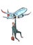 Business relocation. Businessman is flying on an airplane. Economic migration concept