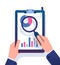 Business report concept. Businessman researching financial office document with magnifying glass. Data analysis vector
